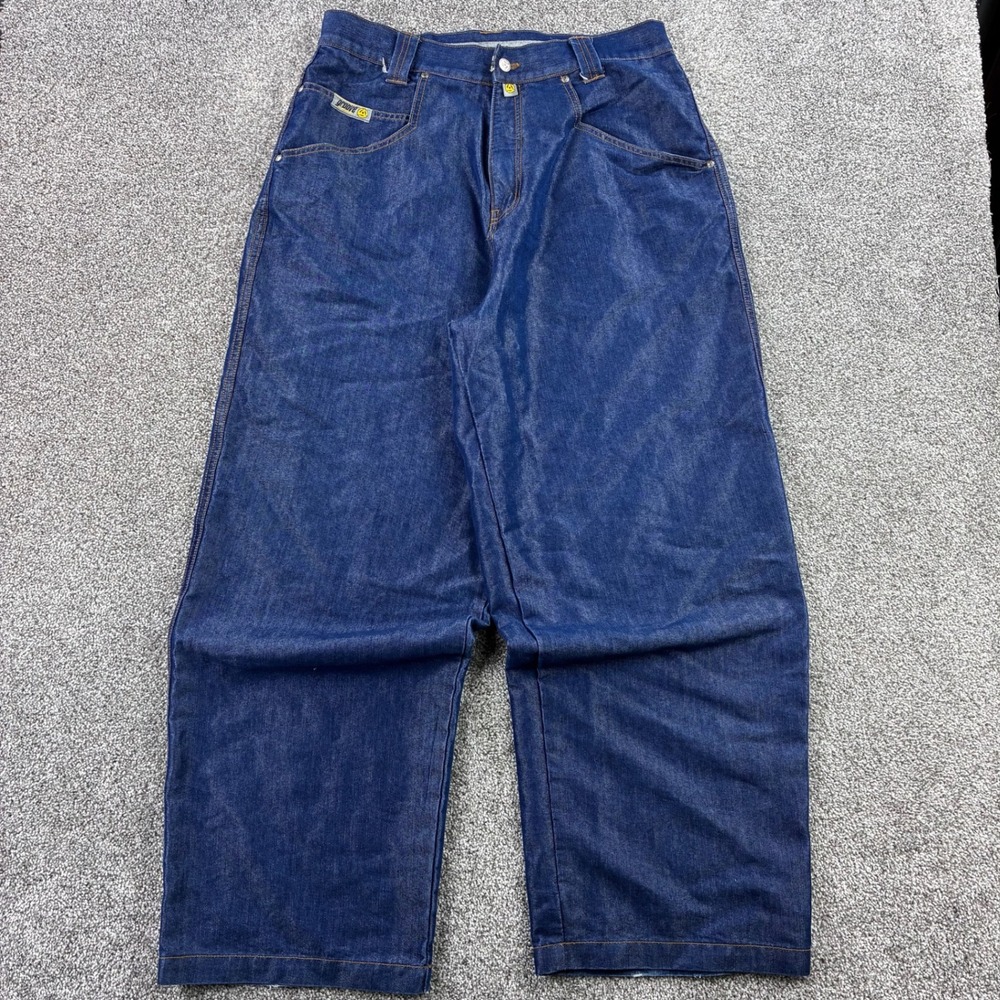 Vintage Y2K Groove Jeans Mens 35x32 Blue Metallic Baggy Wide Dark Wash Denim
